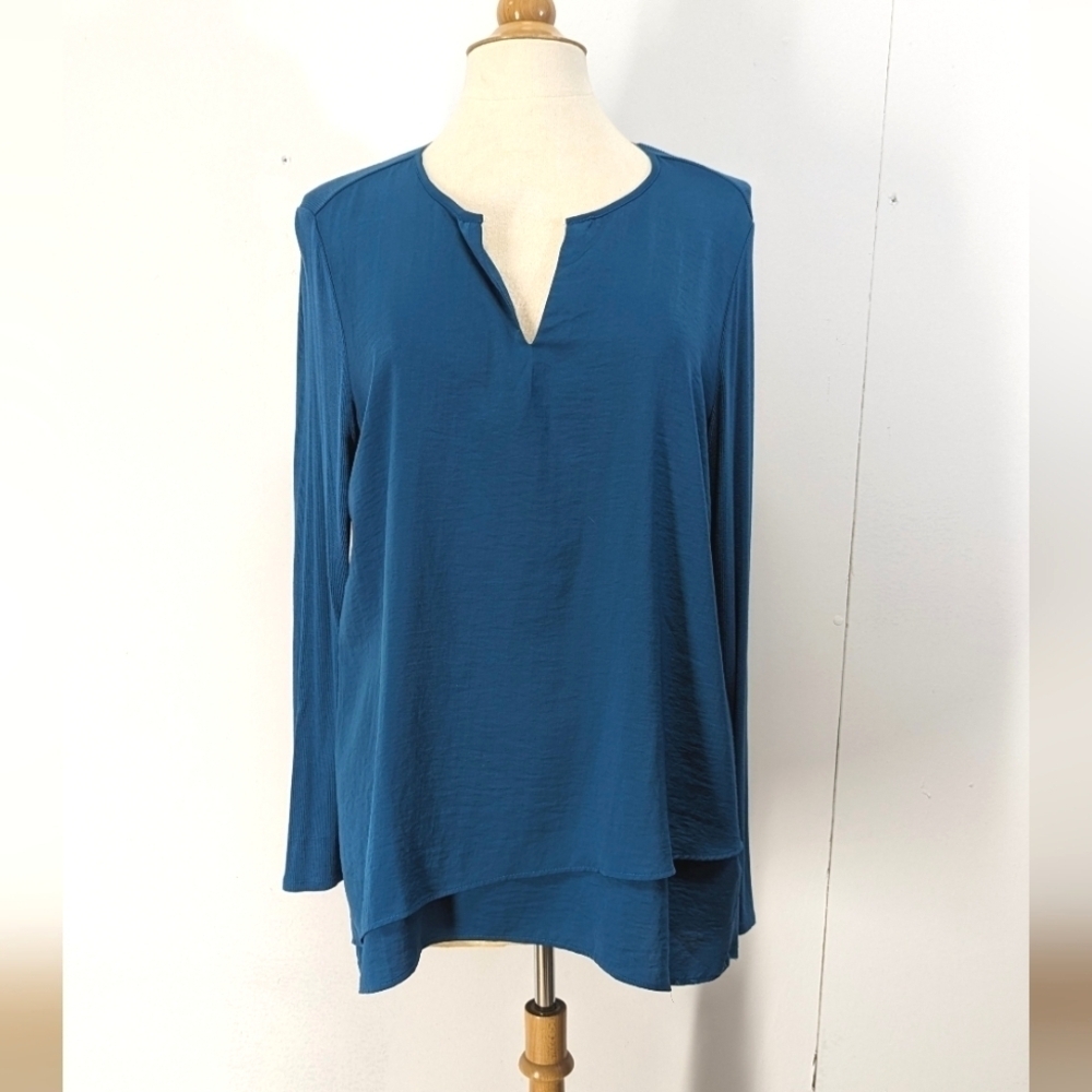 Soft Surroundings Teal Blue Mix Media Top Long sleeve V Neck Knit & Woven M